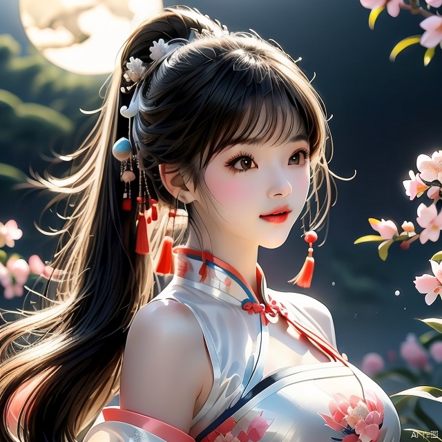Ultra fine painting, a beautiful girl with Chinese style, slim face, closed mouth, black eyes, black and white gradient long hair, peach blossom, half body lens, ponytail, tassels, decoration, white dress, sheer, gazing at the moon in the night sky, calm, light: soft, Spring Festival, moon, ultra fine, 2K, ultra clear,