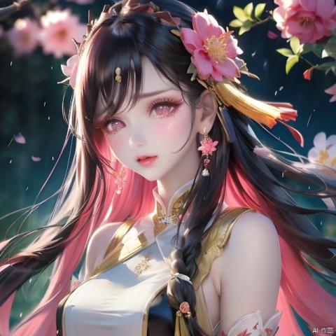 1girl, solo, long hair, blush, black hair, hair ornament, jewelry, upper body, flower, earrings, tears, hair flower, blurry, eyelashes, blurry background, chinese clothes, crying, tassel, pink flower, rain, crying with eyes open, branch, red lips, tassel earrings, flower earrings