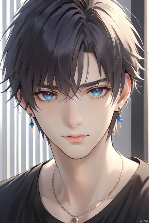  solo, looking at viewer, short hair, bangs, blue eyes, 1boy, jewelry, closed mouth, male focus, earrings, necklace, lips, black shirt, portrait, blinds