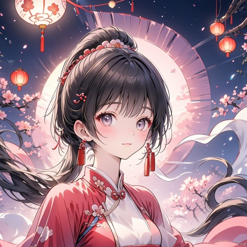 (Top quality, best quality, art, beauty and aesthetics: 1.2) A beautiful girl, dressed in Chinese clothing, slim face, closed mouth, black eyes, black and white gradient long hair, peach blossom, ponytail, tassels, red dress, sheer, looking at the camera, calm, Chinese New Year, ultra fine, 2K, ultra clear, hair,Facial shape,Exquisite appearance,Bright eyes, face,eyes