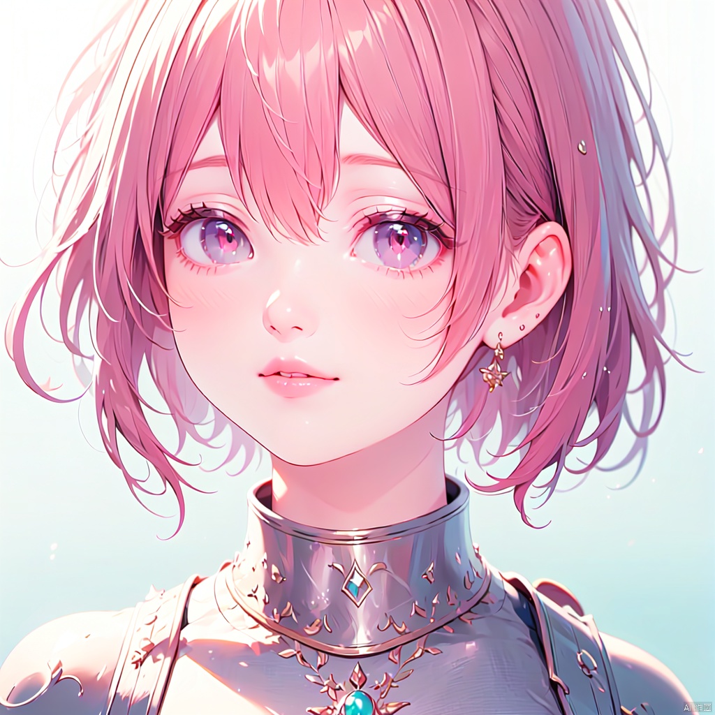 {Very Fine Light}, {Painting}, {{Very Fine 8K CG Wallpaper}}, (Premium, Best Quality, Art, Beauty & Aesthetics: 1.2), 1 Girl, Solo, Looking at the Viewer, Smiling, Short Hair, Bangs, Hair Accessories, Jewelry, Shut Up, Pink Hair, Earrings, Pink Eyes, Armor, Lips, Gradient, Gradient Background, Crown, Portrait, Pink Lips, Pink Theme