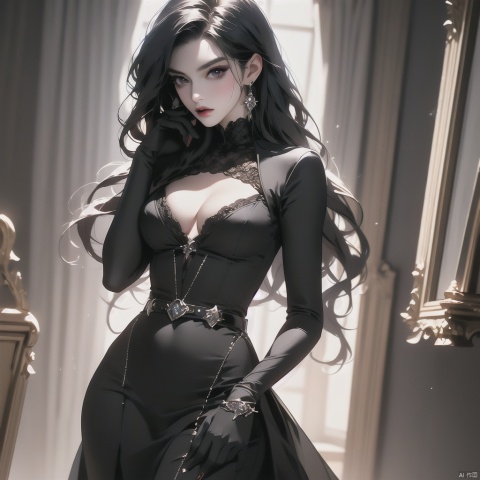 {very detailed light},{painting},{{very fine 8K CG wallpaper}}, (Premium, Best Quality, Art, Beauty and Aesthetics: 1.2), 1boy,long hair, solo, kula diamond, ice, purple eyes, breasts, gloves, hand on hip, belt, lips,gothic