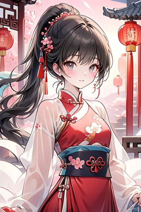 (Top quality, best quality, art, beauty and aesthetics: 1.2) A beautiful girl, dressed in Chinese clothing, slim face, closed mouth, black eyes, black and white gradient long hair, peach blossom, ponytail, tassels, red dress, sheer, looking at the camera, calm, Chinese New Year, ultra fine, 2K, ultra clear, hair,Facial shape,Exquisite appearance,Bright eyes, face,eyes