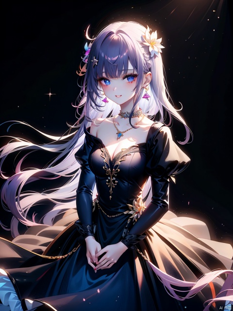 1girl, solo, long hair, looking at viewer, blush, smile, bangs, blue eyes, hair ornament, long sleeves, dress, ribbon, holding, jewelry, hair ribbon, upper body, purple hair, flower, earrings, parted lips, choker, hair flower, necklace, black dress, halo, stairs, holding flower