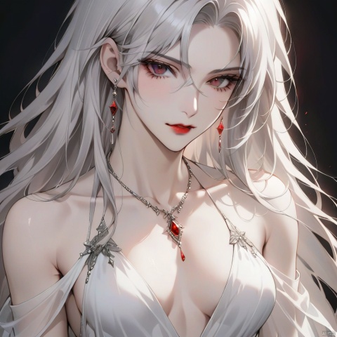 1boy, solo, long hair, breasts, looking at viewer, dress, bare shoulders, jewelry, collarbone, upper body, white hair, parted lips, necklace, white dress, black background, red lips