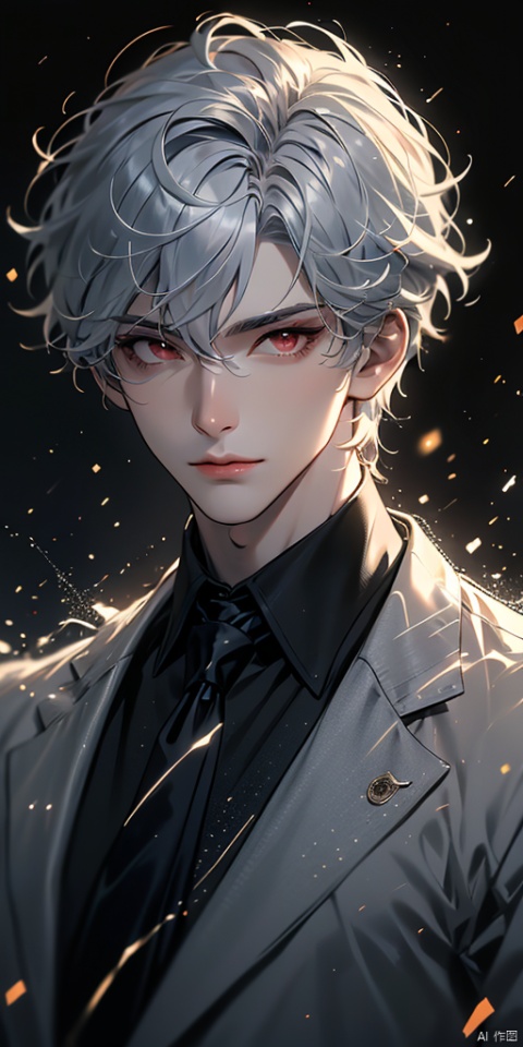 solo, looking at viewer, short hair, bangs, shirt, red eyes, 1boy, hair between eyes, closed mouth, white hair, male focus, necktie, collared shirt, blurry, lips, blurry background, formal, portrait, black necktie, light particles