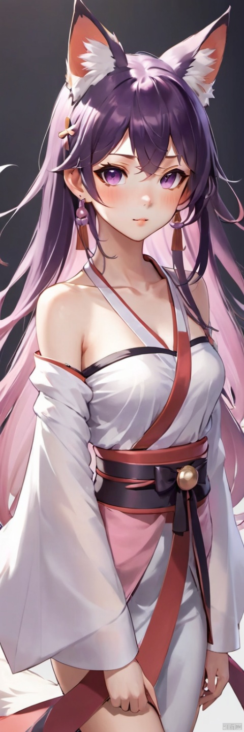 1girl, solo, long hair, breasts, looking at viewer, blush, bangs, skirt, shirt, hair ornament, long sleeves, animal ears, hair between eyes, bare shoulders, jewelry, medium breasts, very long hair, closed mouth, purple eyes, white shirt, upper body, pink hair, earrings, detached sleeves, japanese clothes, looking back, wide sleeves, gradient, fox ears, gradient background, black background, ribbon trim, nontraditional miko, vision \(genshin impact\), yae miko
