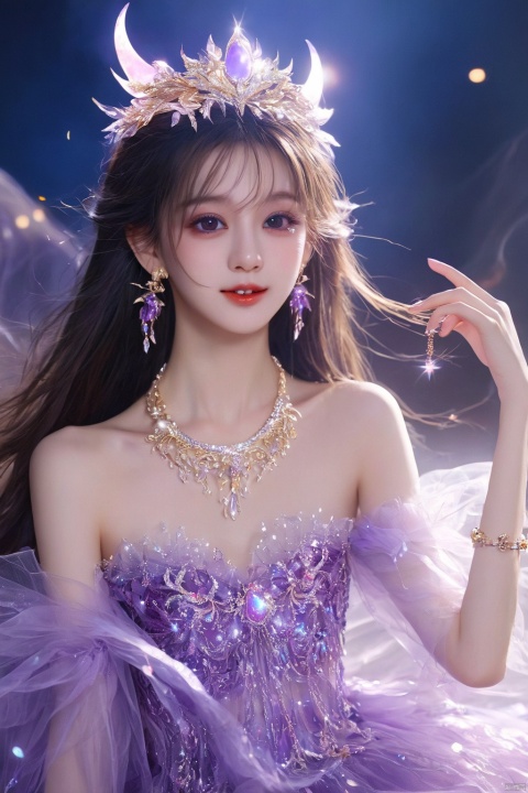 Clothing, jewelry, necklaces, glittering skirts, tulle, light, transparent, flowing, underworld, hell, goblins, gradient hair, long hair, sticking out the tongue, winking, close-up, (purple eyes), crescent, girl, beauty, xinyue,Beauty