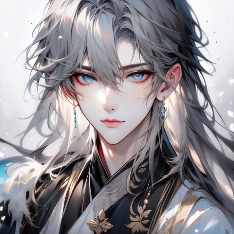 solo, long hair, looking at viewer, blue eyes, black hair, 1boy, white background, jewelry, upper body, white hair, grey hair, male focus, earrings, fur trim, chinese clothes, portrait, bishounen, man,boy, girl,face,xinyue