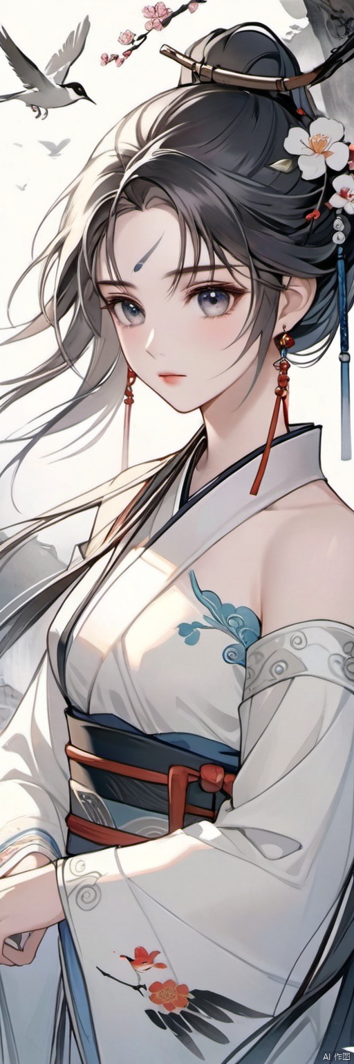  Ancient Art Style, Traditional Chinese Painting, solo, looking at viewer, short hair, bangs, 1 girl, solo, long hair, black hair, hair accessories, dresses, bare shoulders, jewelry, upper body, braids, flowers, earrings, sleeves, hair flowers, white dress, birds, Chinese costumes, pipa, forehead markers,