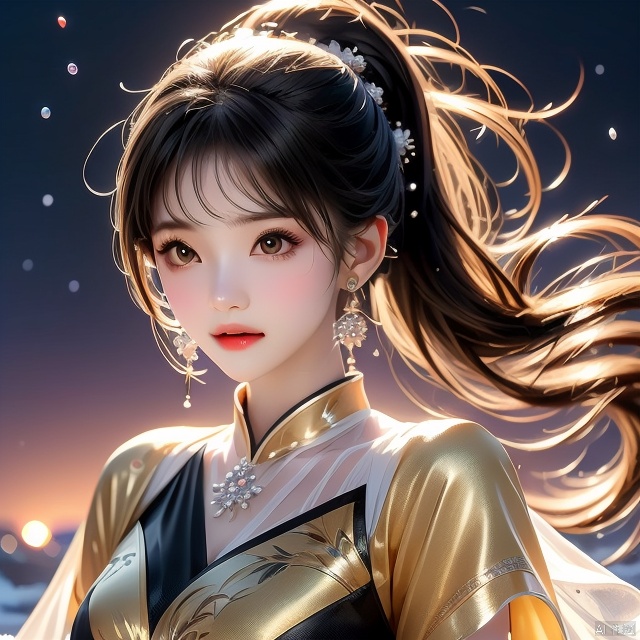  Ultra fine painting. A beautiful girl with a thin face, black eyes, black and white gradient long hair, ponytail, tassels, decoration, wearing a black dress adorned with jewelry, cape, looking at the sky, white wolf packs lying beside her, peaceful. Light: Soft, highlighting snowflakes, scene: A snowy landscape, moonlight, ultra fine