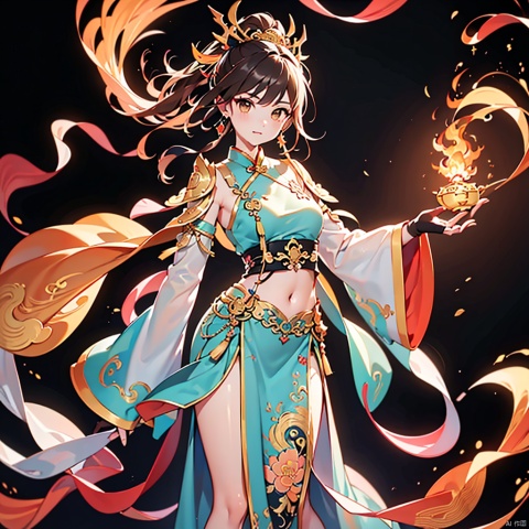  , (masterpiece:1.2), best quality,PIXIV,long hair, shoulder armor, black hair, gloves, hanfu, brown hair, white gloves, chinese clothes, looking at viewer, tassel, earrings, wide sleeves, jewelry, standing, long sleeves, pauldrons, closed mouth, ponytail, dragon, brown eyes, bangs, cape,Chinese girl,traditional Chinese, qiuyinong,midjourney portrait, backlight, colors, Hanfu, fire, HUBG_Rococo_Style(loanword), long, dunhuang,burning, midjourney portrait, qilin, DUNHUANG_CLOTHS, dunhuang_cloths, dofas, hanfu2, (\long yun heng tong\), wuxia, wunv,三国杀,jewelry, lmw,spark, 1girl, daoshi, yue , hair ornament , hanfu, red and gold dress, shufa background,navel