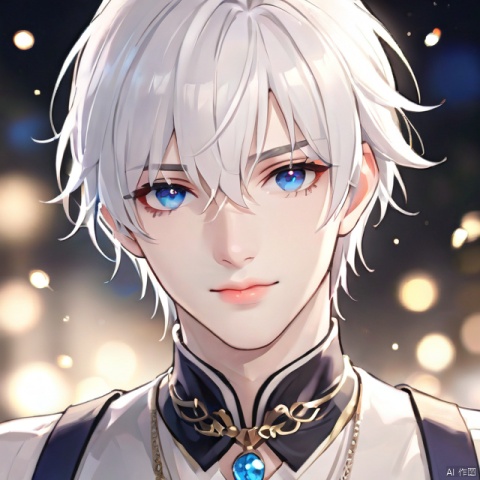 solo, looking at viewer, short hair, bangs, blue eyes, 1boy, hair between eyes, jewelry, closed mouth, upper body, white hair, male focus, necklace, blurry, lips, portrait, light particles, bishounen, xinyue