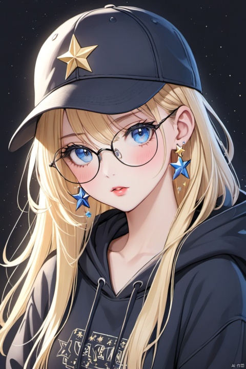 1girl, solo, long hair, looking at viewer, blush, bangs, blue eyes, blonde hair, hat, hair between eyes, jewelry, earrings, parted lips, glasses, hood, star \(symbol\), black headwear, hoodie, hood down, portrait, baseball cap, star earrings