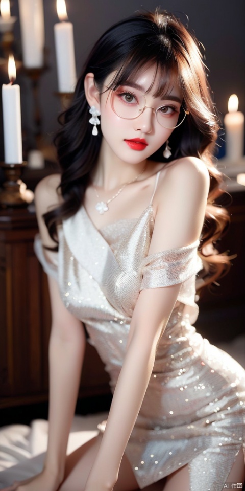 1girl, solo, long hair, looking at viewer, blush, bangs, black hair, hair ornament, red eyes, dress, bare shoulders, jewelry, upper body, earrings, parted lips, glasses, necklace, off shoulder, hair bun, white dress, blurry, lips, makeup, blurry background, wavy hair, single hair bun, lipstick, head rest, round eyewear, red lips, candle, candlestand, candlelight,pale skin, barbed wire, game CG, long hair, blushing, red lips, fighting, injury, eye shadow, tulle, hazy night, delicate face, earrings, jewelry, xinyue, loli, girl, boy