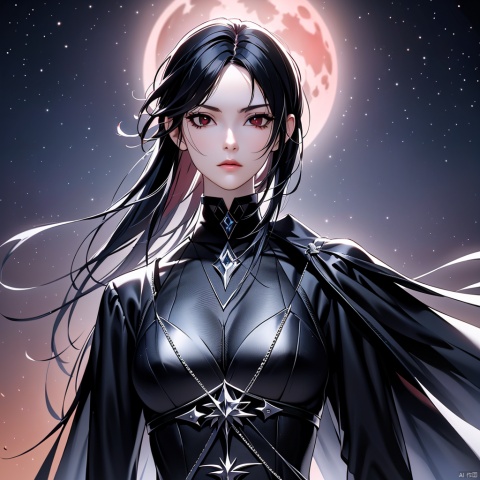 (High quality, best quality, artistic, beautiful and aesthetic: 1.2), girl, Gothic style, 2D anime, black shiny hair, red eyes, sword eyebrows, sharp black eyes, thin and pursed lips, sharp contours, slender figure, aloof and solitary, imposing, red moon, half body photo, special effects, ultra clear, hazy
