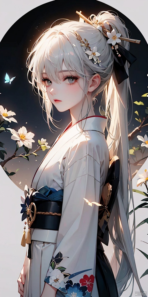 1girl, solo, long hair, looking at viewer, hair ornament, white background, closed mouth, upper body, ponytail, flower, white hair, japanese clothes, hair flower, kimono, from side, grey eyes, bug, white flower, butterfly, white kimono, blue butterfly, white theme