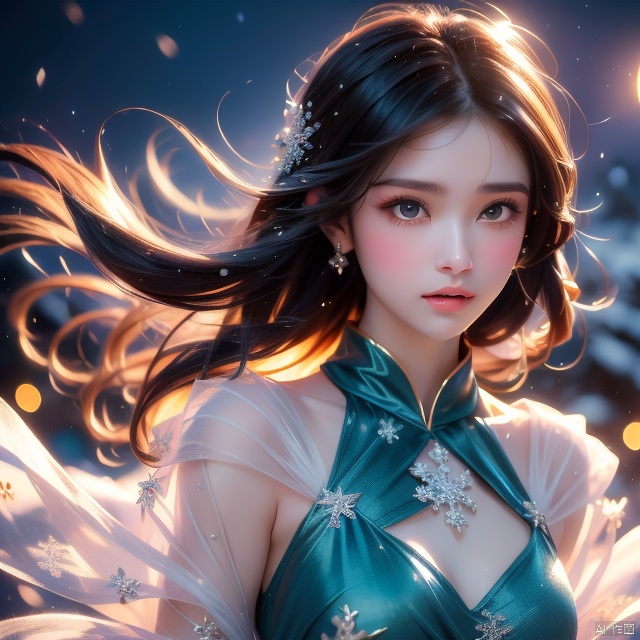  Medium: Ultra-fine painting. Subject: A young woman in a  Blue colordress  running,adorned with jade jewelry, Emotion: Tranquil. Lighting: Soft,highlighting the snowflakes. Scene: A snowy landscape with delicate snowflakes falling around her. Style: Ultra-detailed realism with a colorful palette., hair, girl