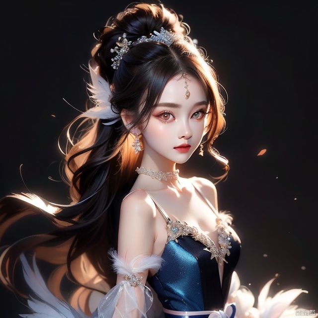 1girl, solo, long hair, looking at viewer, black hair, hair ornament, dress, bare shoulders, upper body, detached sleeves, hair bun, sash, gradient background, facial mark, feathers, forehead mark