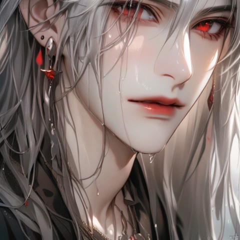 solo, long hair, looking at viewer, brown hair, white hair, red eyes, 1boy, jewelry, closed mouth, upper body, male focus, earrings, necklace, lips, wet, portrait, rain