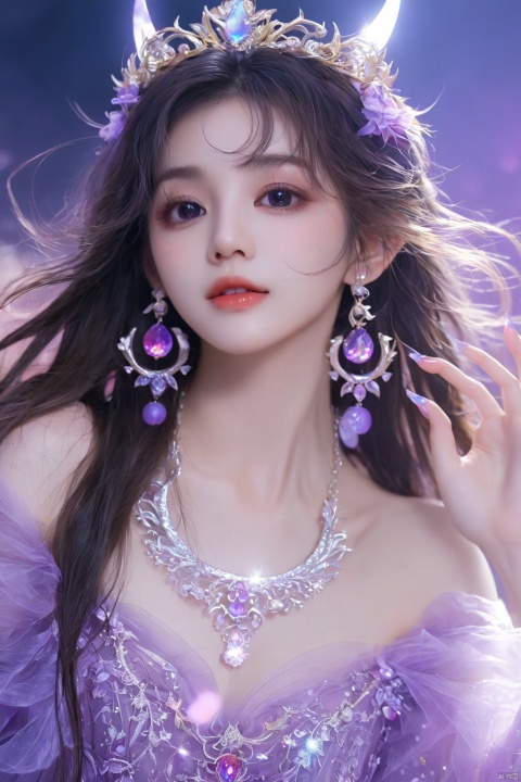 Clothing, jewelry, necklaces, glittering skirts, tulle, light, transparent, flowing, underworld, hell, goblins, gradient hair, long hair, sticking out the tongue, winking, close-up, (purple eyes), crescent, girl, beauty, xinyue,Beauty