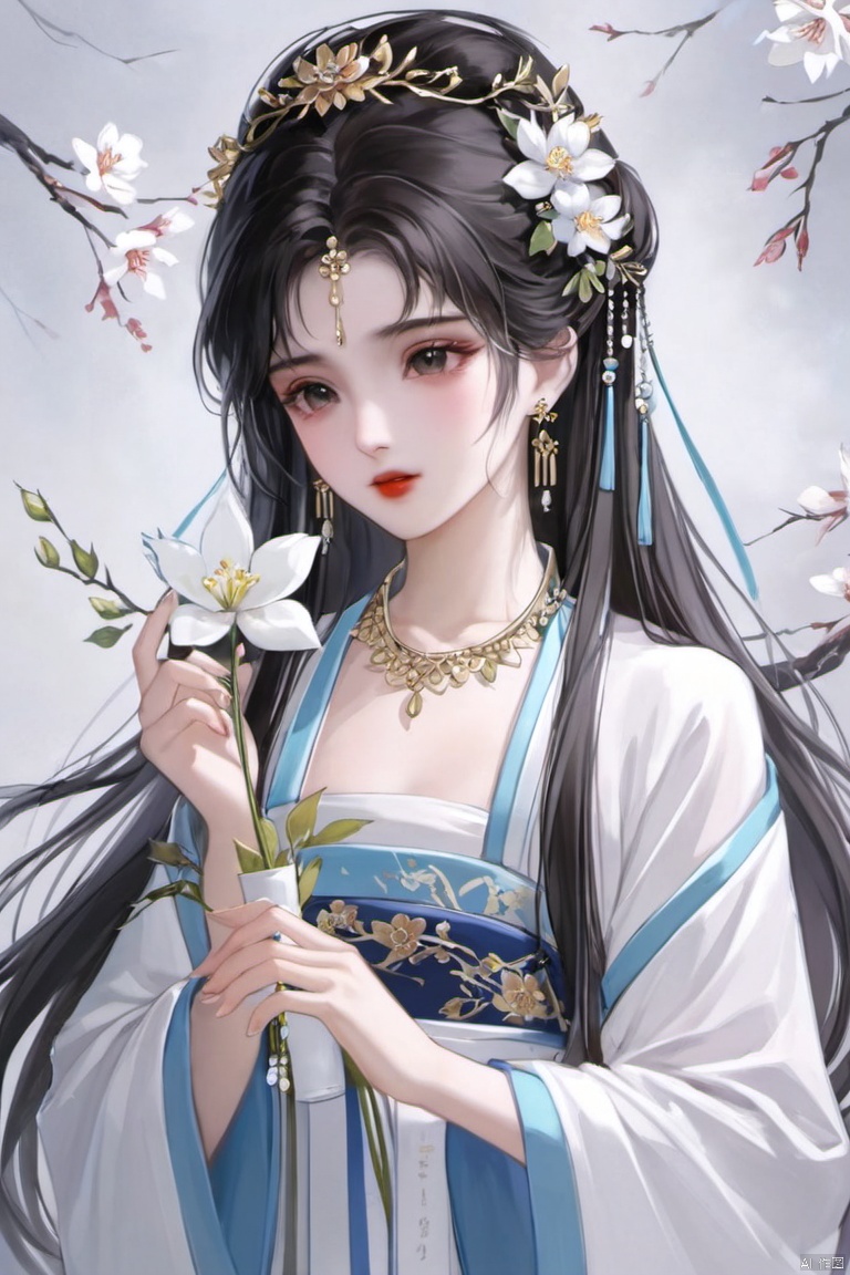 1girl, solo, long hair, black hair, hair ornament, dress, holding, jewelry, upper body, flower, earrings, necklace, white dress, chinese clothes, holding flower, xinyue