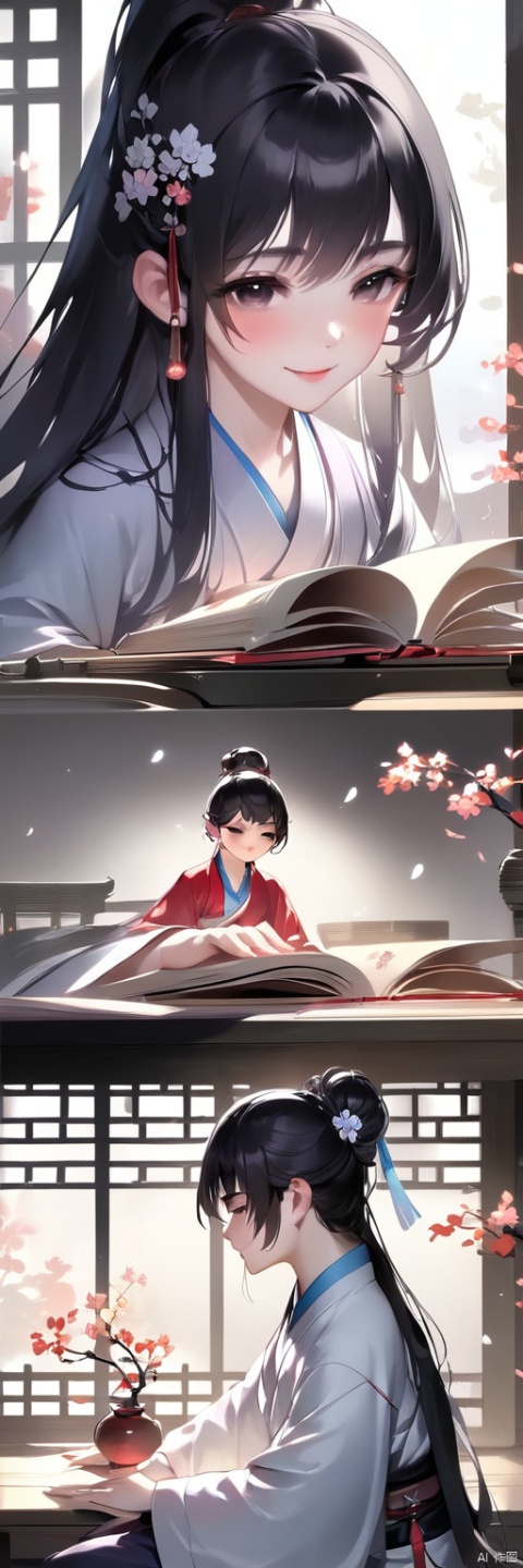  1girl, long hair, smile, black hair, hair ornament, long sleeves, 1boy, holding, sitting, flower, indoors, wide sleeves, book, window, chinese clothes, paper, scroll, hanfu, blinds
