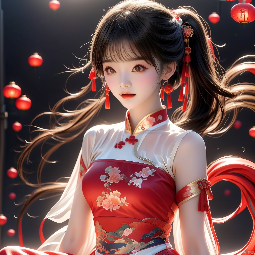 (Top quality, best quality, art, beauty and aesthetics: 1.2) A beautiful girl, dressed in Chinese clothing, slim face, closed mouth, black eyes, black and white gradient long hair, peach blossom, ponytail, tassels, red dress, sheer, looking at the camera, calm, Chinese New Year, ultra fine, 2K, ultra clear, hair