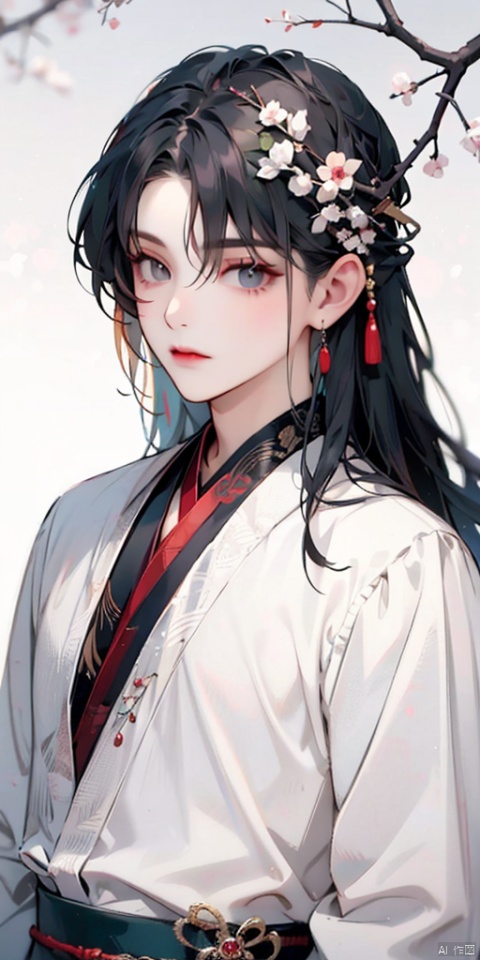 1boy, solo, long hair, black hair, hair ornament, jewelry, closed mouth, upper body, earrings, chinese clothes, branch, girl