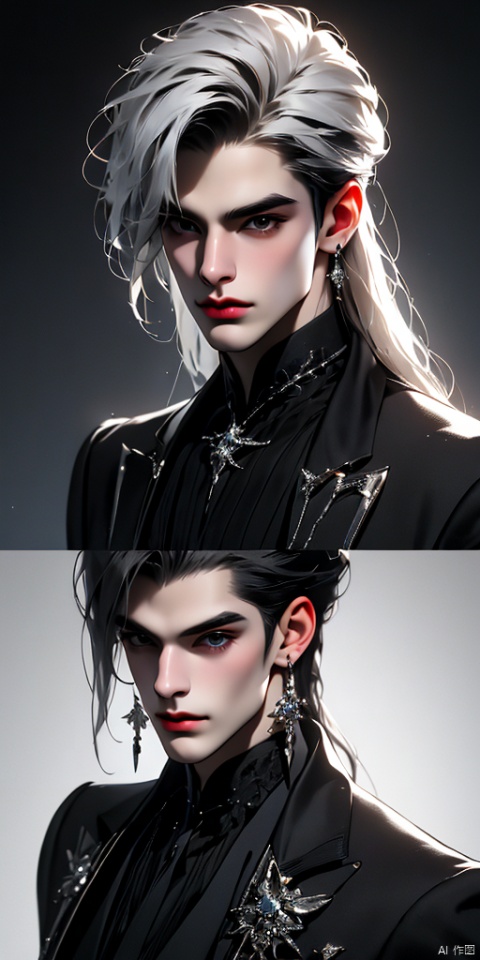  {gothic},{very detailed light},{painting},{{very fine 8K CG wallpaper}}, (Premium, Best Quality, Art, Beauty and Aesthetics: 1.2),1solo, long hair, looking at the viewer, blue eyes, black hair, 1 boy, white background, jewelry, full body, white hair, male focus, earrings, jewelry, diamonds, portrait, 