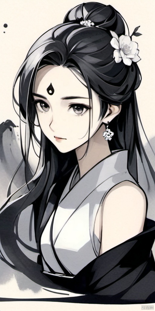 Ancient Art Style, Ink Painting, Traditional Chinese Painting, (Ink Style1:4), (Splash Ink Painting), 1girl, solo, long hair, looking at viewer, black hair, hair ornament, dress, jewelry, sitting, upper body, flower, earrings, hair bun, white dress, facial mark, expressionless, forehead mark (Ink style）