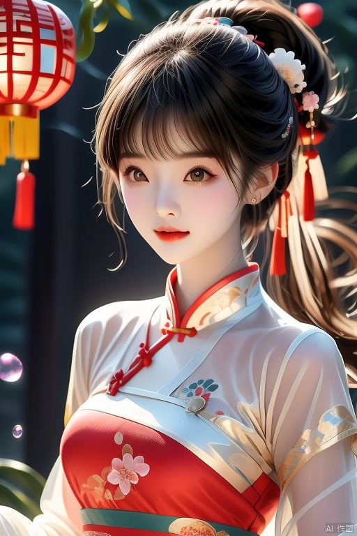 (Top quality, best quality, art, beauty and aesthetics: 1.2) A beautiful girl, dressed in Chinese clothing, slim face, closed mouth, black eyes, black and white gradient long hair, peach blossom, ponytail, tassels, white dress, sheer, looking at the camera, calm, Chinese New Year, ultra fine, 2K, ultra clear, hair