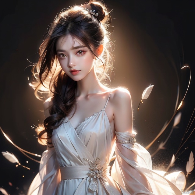 1girl, solo, long hair, looking at viewer, black hair, hair ornament, dress, bare shoulders, upper body, detached sleeves, hair bun, sash, gradient background, facial mark, feathers, forehead mark