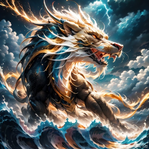 solo, open mouth, red eyes, outdoors, horns, sky, cloud, water, pokemon \(creature\), no humans, ocean, fangs, cloudy sky, electricity, waves, lightning, lion