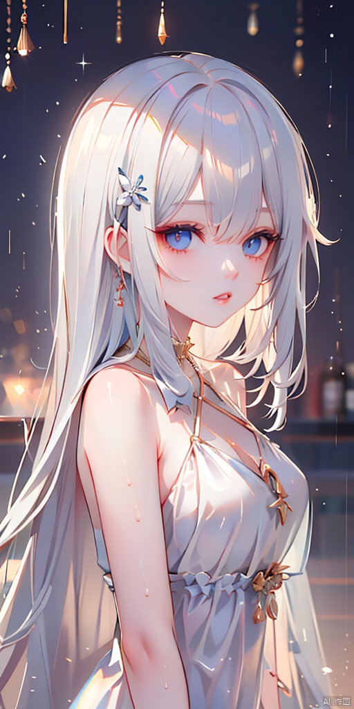 1girl, solo, long hair, looking at viewer, bangs, blue eyes, hair ornament, blue hair, upper body, white hair, parted lips, from side, lips, portrait, rain, girl
