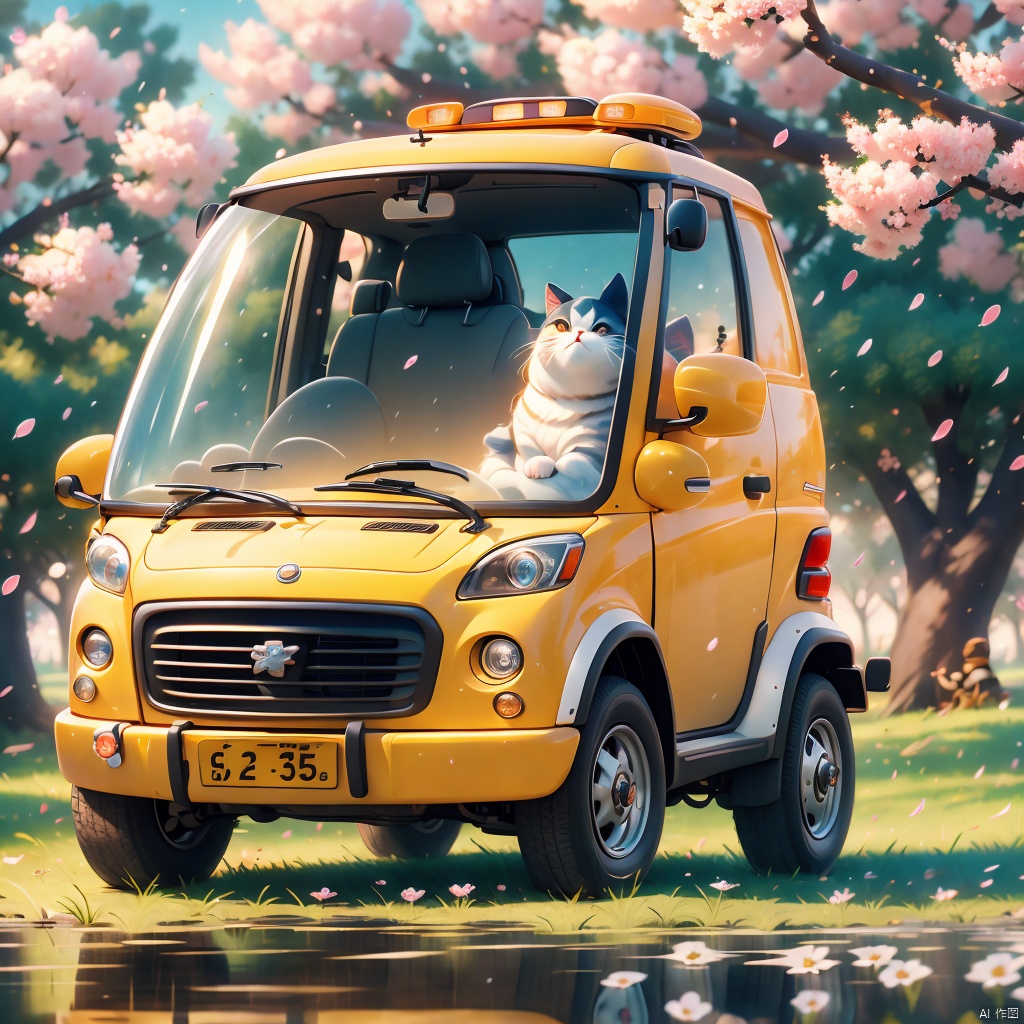 outdoors, food, blurry, tree, no humans, cherry blossoms, ground vehicle, motor vehicle, reflection, car, vehicle focus, chubby