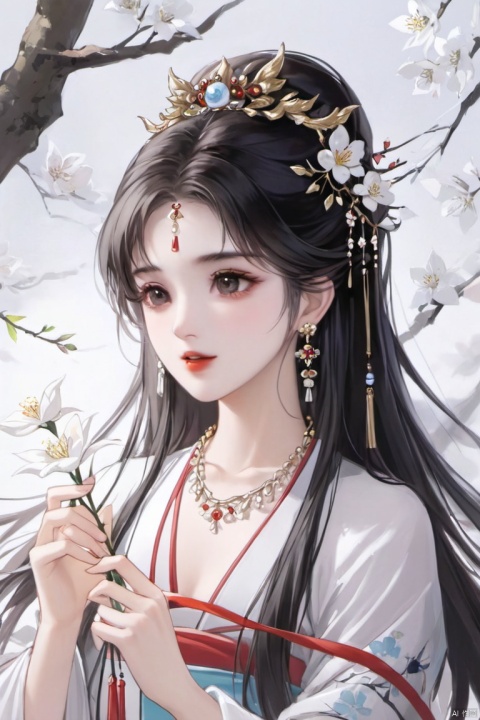 1girl, solo, long hair, black hair, hair ornament, dress, holding, jewelry, upper body, flower, earrings, necklace, white dress, chinese clothes, holding flower, xinyue
