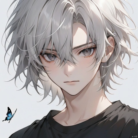 solo, looking at viewer, short hair, simple background, shirt, 1boy, white background, hair between eyes, closed mouth, upper body, white hair, male focus, grey eyes, black shirt, bug, messy hair, butterfly