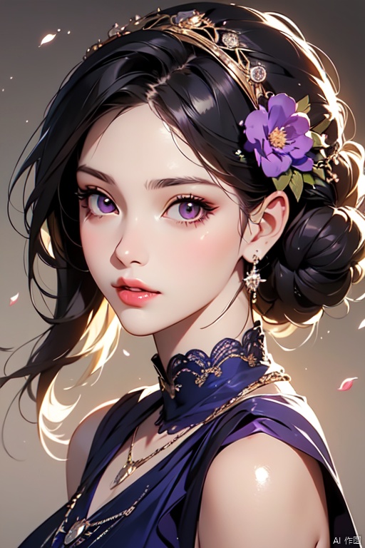 1 girl, gorgeous, seductive and charming, purple sexy long dress, beautiful flower knot, art trends, beautiful anime portraits, lovely art style, aesthetic portraits, detailed portraits of anime women, realistic cute girl paintings, realistic portraits, high quality portraits, Trends in cgstation, stunning anime face portraits, beautiful digital illustrations, beautiful character paintings, anime women's Portrait, HD detailed lines of features, full body shot, perfect face, high resolution, high quality, high detail, beautiful wallpaper, official art, delicate headdress, headband with flowers, necklace, lace, overall purple colour scheme, fantastic purple tones, the