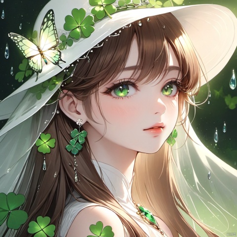 1girl, solo, long hair, looking at viewer, brown hair, hat, jewelry, closed mouth, green eyes, upper body, earrings, from side, lips, eyelashes, leaf, white headwear, bug, gem, butterfly, veil, water drop, clover, four-leaf clover, glowing butterfly
