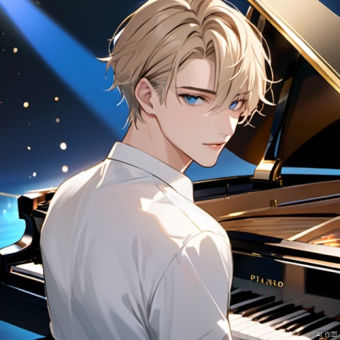 solo, looking at viewer, short hair, bangs, blue eyes, shirt, gold (color) hair, 1boy, hair between eyes, white shirt, upper body, male focus, parted lips, grey eyes, bishounen, piano