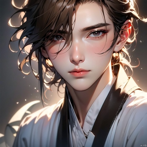 {very detailed light},{painting},{{very fine 8K CG wallpaper}}, (Premium, Best Quality, Art, Beauty and Aesthetics: 1.2), light gray background, 1boy, solo, looking at viewer, brown hair, shirt, black eyes, closed mouth, indoors, lips, buttons ,close up,Full body lens, boy