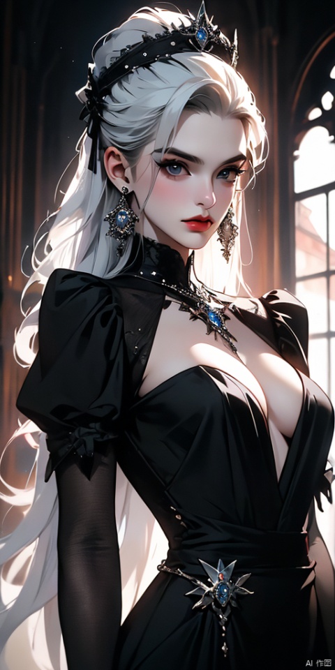  {gothic},{very detailed light},{painting},{{very fine 8K CG wallpaper}}, (Premium, Best Quality, Art, Beauty and Aesthetics: 1.2),solo, long hair, looking at the audience, blue eyes, black hair, 1 boy, white background, jewelry, white hair, male focus, earrings, jewelry, diamond, castle,