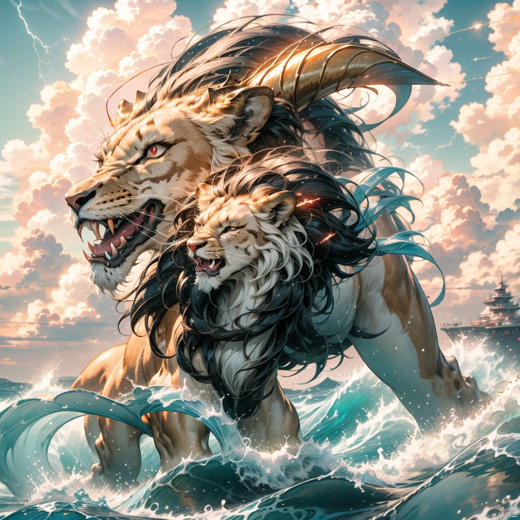 solo, open mouth, red eyes, outdoors, horns, sky, cloud, water, pokemon \(creature\), no humans, ocean, fangs, cloudy sky, electricity, waves, lightning, lion,中国龙,机甲,高达, girl