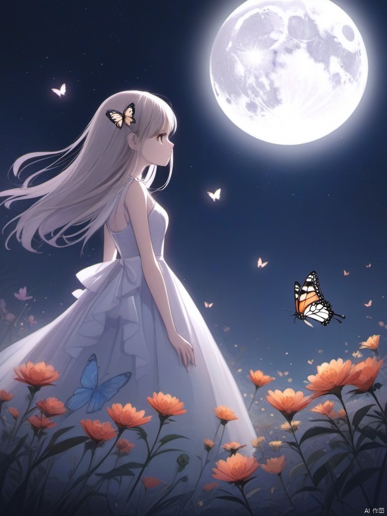 1girl, solo, dress, flower, no humans, moon, bug, butterfly