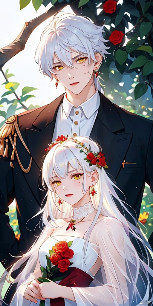 1girl, long hair, looking at viewer, hair ornament, 1boy, jewelry, yellow eyes, flower, white hair, earrings, hair flower, mole, fur trim, mole under eye, siblings, facial mark, red flower, brother and sister, branch, bishounen