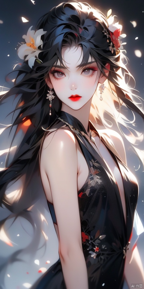 1girl, solo, long hair, looking at viewer, black hair, hair ornament, flower, hair flower, black eyes, makeup, lipstick, snake, motion blur, red lips