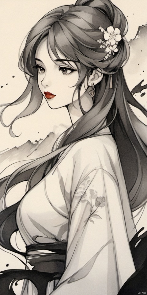  Ancient Art Style, Ink Painting, Traditional Chinese Painting, (Ink Style1:4), (Splash Ink Painting), 1girl, solo, long hair, breasts, looking at viewer, blush, brown hair, black hair, long sleeves, dress, jewelry, closed mouth, upper body, earrings, outdoors, day, white dress, from side, lips, looking to the side, wavy hair, floral print, red lips,(Ink style),Hazy, xinyue