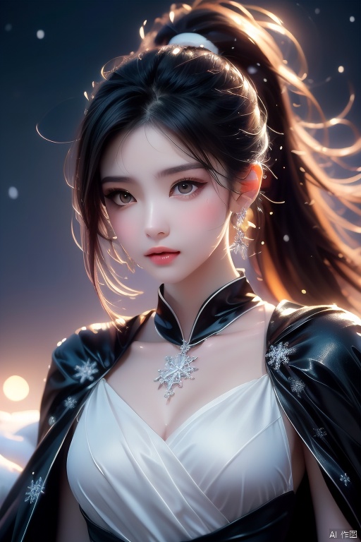 Ultra fine painting. A beautiful girl with a thin face, black eyes, black and white gradient long hair, ponytail, tassels, decoration, wearing a black dress adorned with jewelry, cape, looking at the sky, white wolf packs lying beside her, peaceful. Light: Soft, highlighting snowflakes, scene: A snowy landscape, moonlight, ultra fine