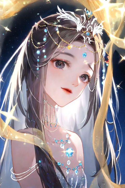  Costumes, necklaces, sparkling dresses, tulle, light, sheer, ethereal, underworld, gradient-colored hair, long hair, sweet smiles, winks, close-ups, (black eyes), xinyue,yunxi, Arien view